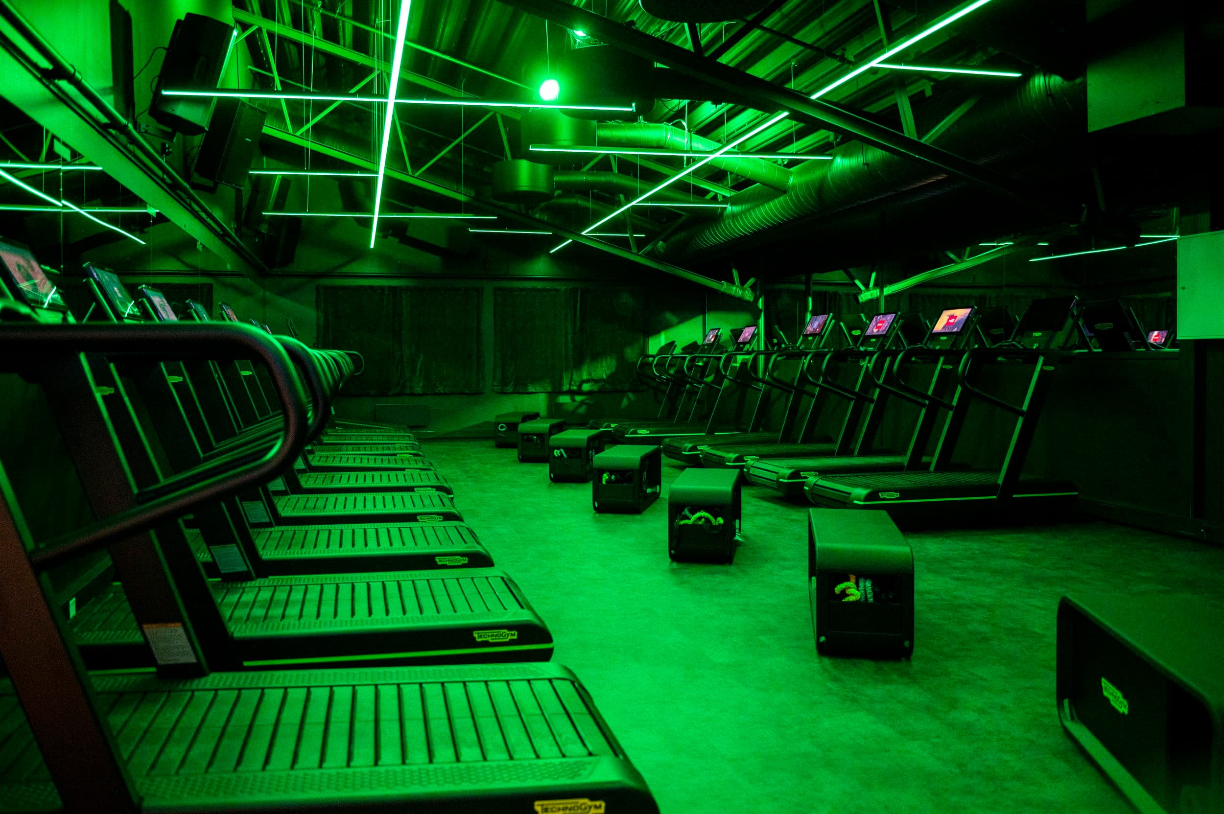 The cardio floor at Nivå Trening in Halden. The treadmills stand in a row, and nobody is on them.