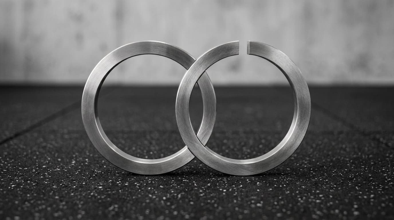 Two machined metal rings hanging in each other on the floor. One runs whole all the way round; the other is cut, so the ring no longer closes.